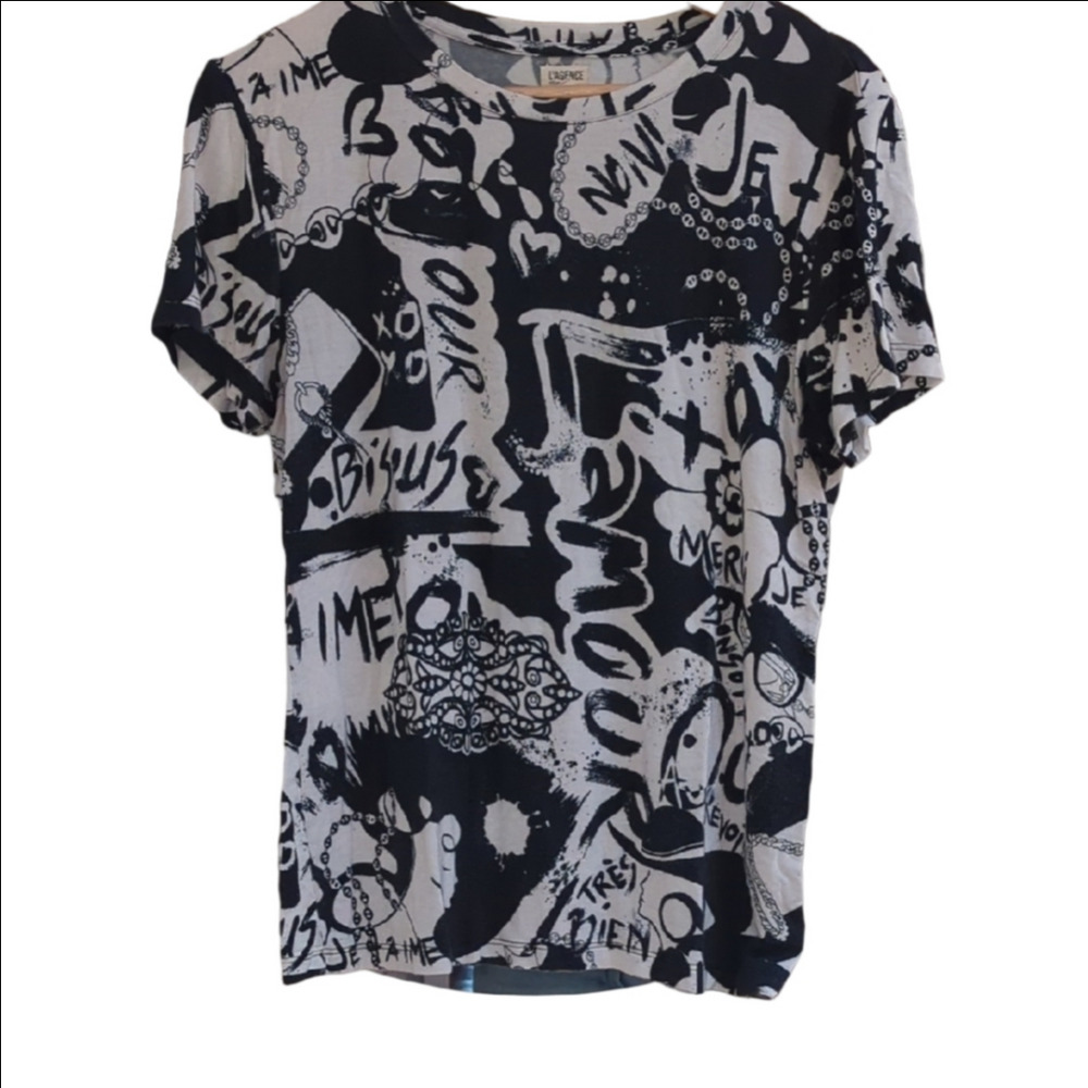 ​L'AGENCE Black White French Graphic Print Tee Shirt Size L
